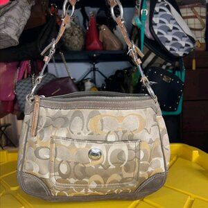 Coach Chelsea Brown Canvas Suede Leather Trim Turnlock Closure Hobo Shoulder Bag